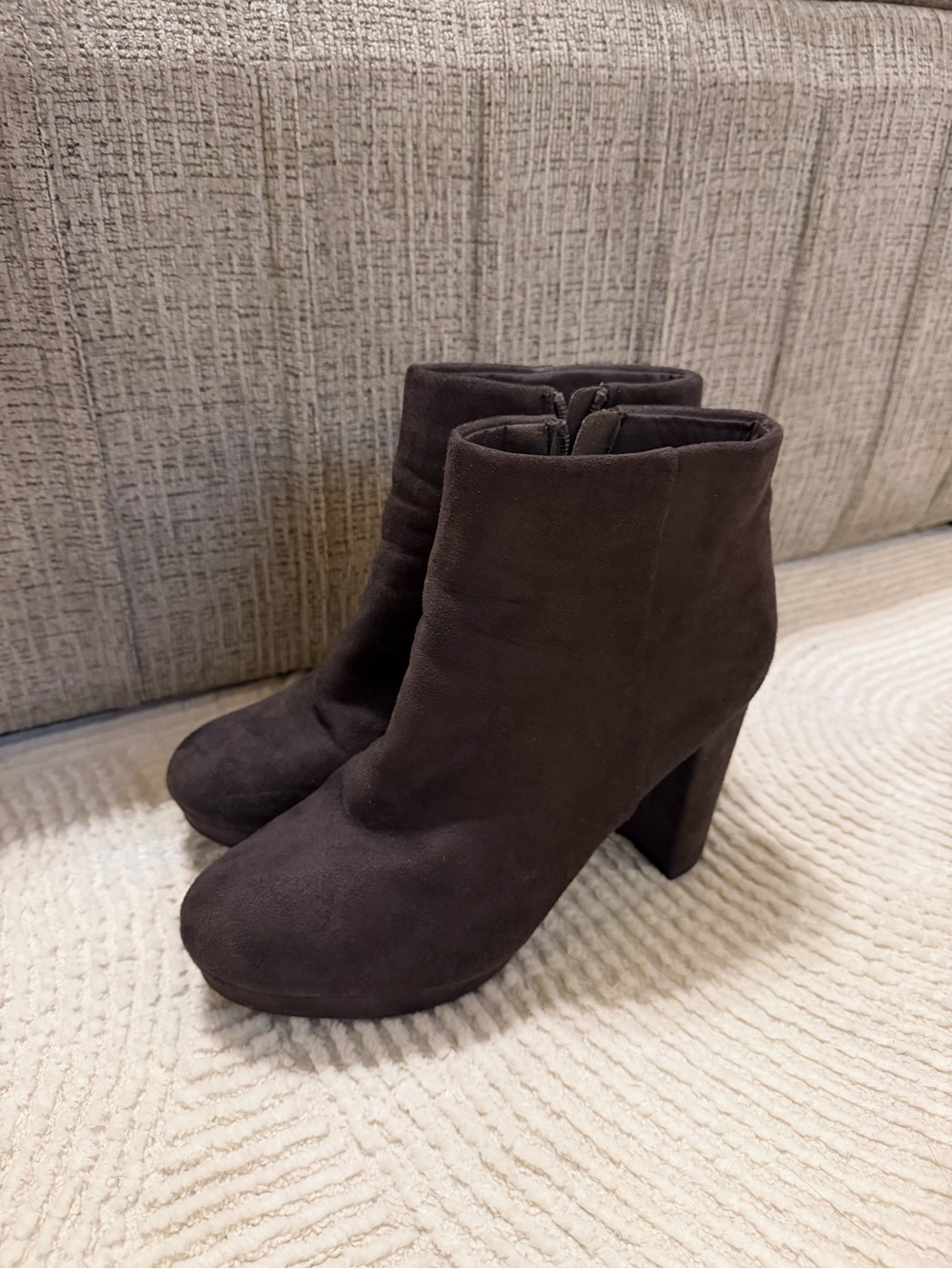 Women's Dark Brown Suede Ankle Booties - Classic Block Heel